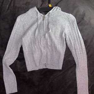 Pink Rose Light Gray Ribbed Hoodie